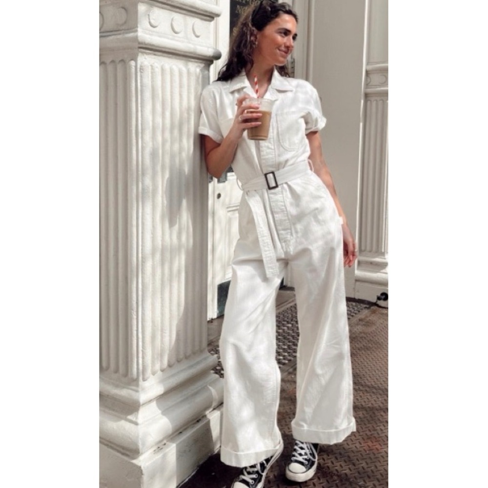 Buck Mason Womens White Cotton Short Sleeve Belted Jumpsuit Small